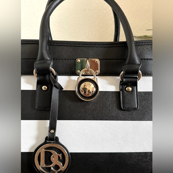 Dasein VL Black & White Striped Top Handle Tote Shoulder Bag - Picture 3 of 15